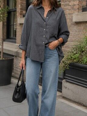 NWT C’est Moi Charcoal Check Oversized Button-Up Shirt 100% Cotton Relaxed Top